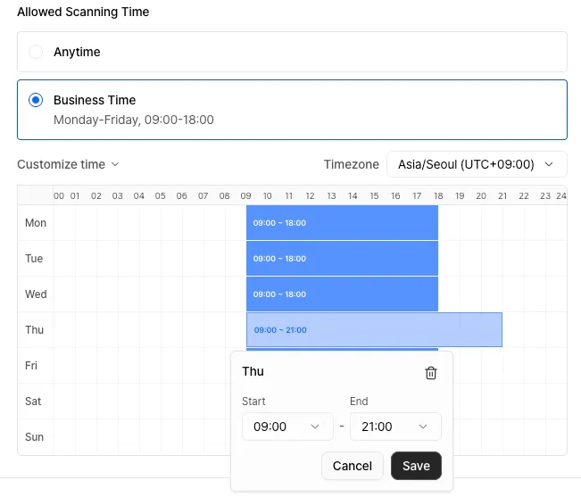 Allowed scanning time - customization