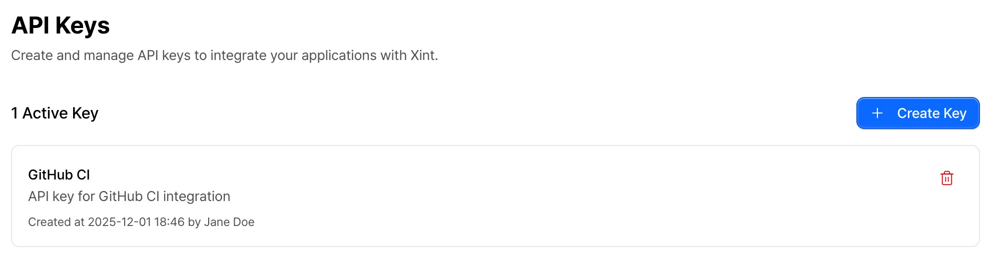 API key management page