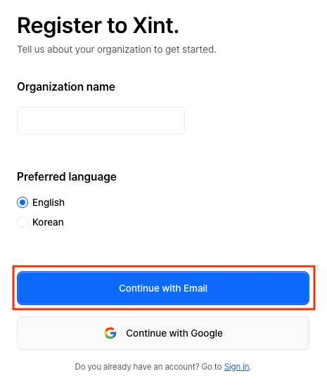 Screenshot of continue with email button