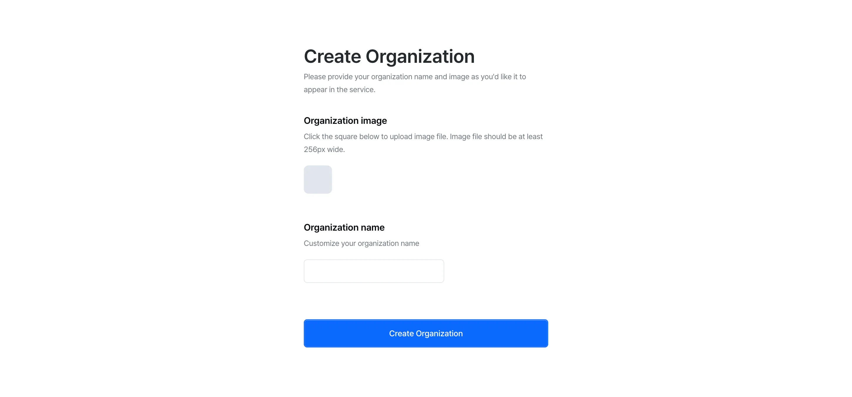 Screenshot of organization creation form