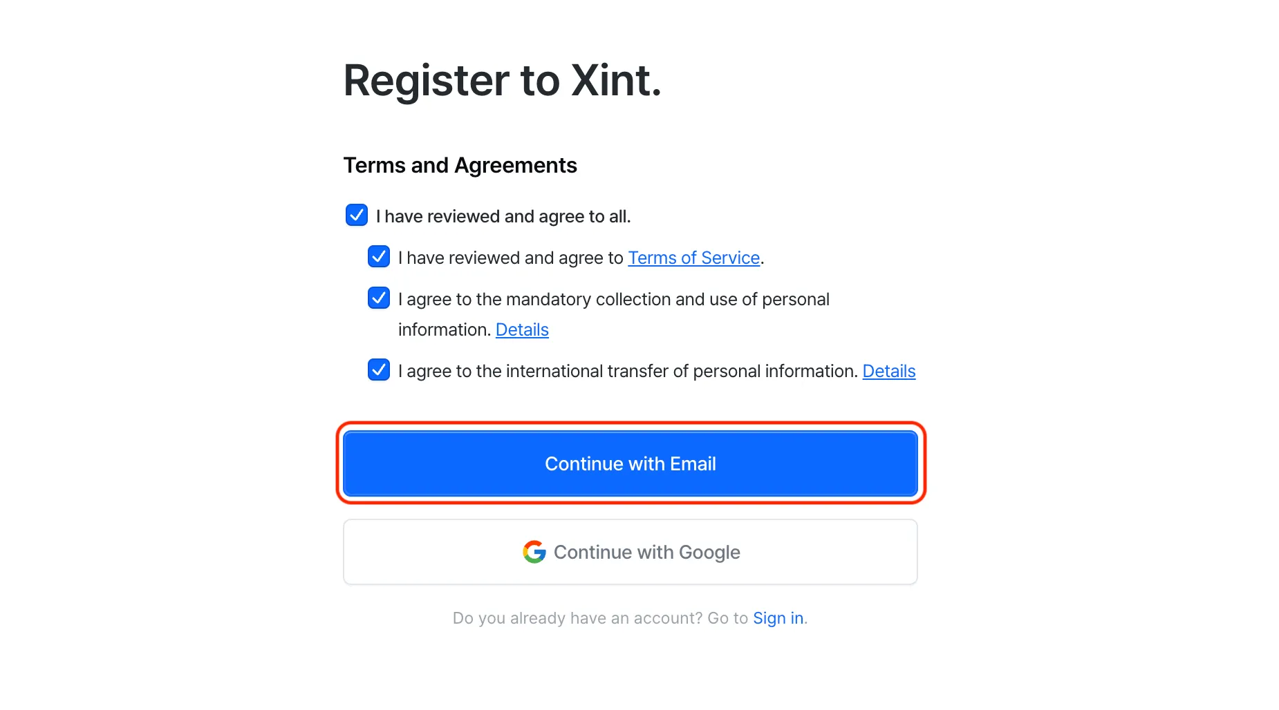 Screenshot of Continue with Email page