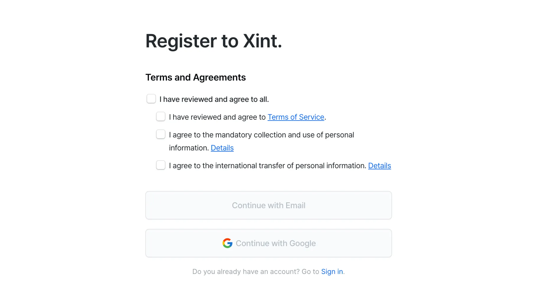 Screenshot of terms of service agreement page